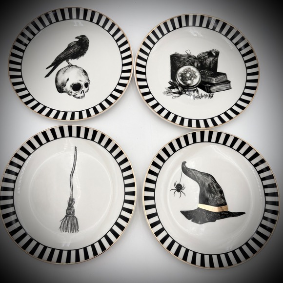 Eaton Fine Dining HALLOWEEN Set of 4 Appetizer Plates Spooky Witch Raven Skull - Picture 1 of 7